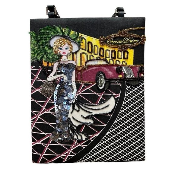 Prezzo Ocean Drive Black Tote Handbag or Shoulder Purse Sequined and Beaded Bag - Picture 3 of 14